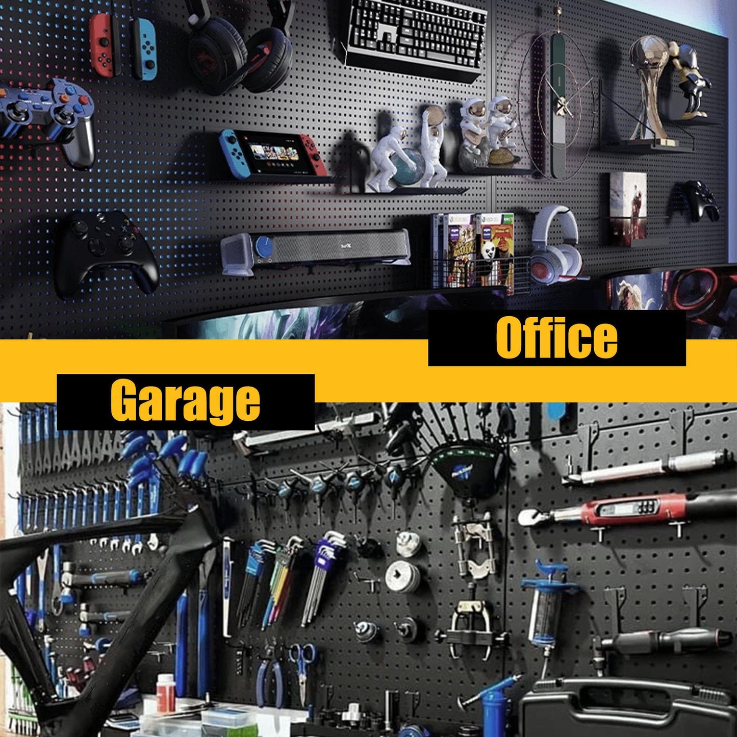 Spampur Peg Board, 4 Pack Metal Pegboard Panels Black Pegboards Wall Organizer, Tools Pegboard Storage System for Workbench, Garage Tool Storage, Office Organization, Wall Home, Craft Room
