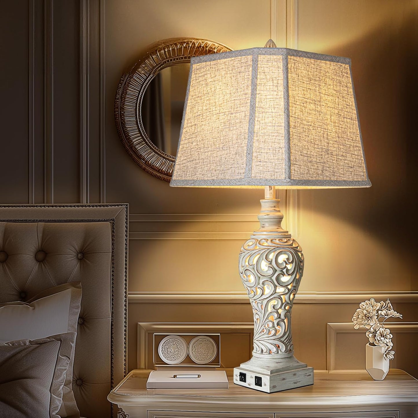 32" Tall Table Lamps Set of 2 - Bedside Lamp with Fabric Shades - for Bedroom and Living Room with USB and Nightlight - Perfect for Nightstands and Bedrooms - Bulbs Included