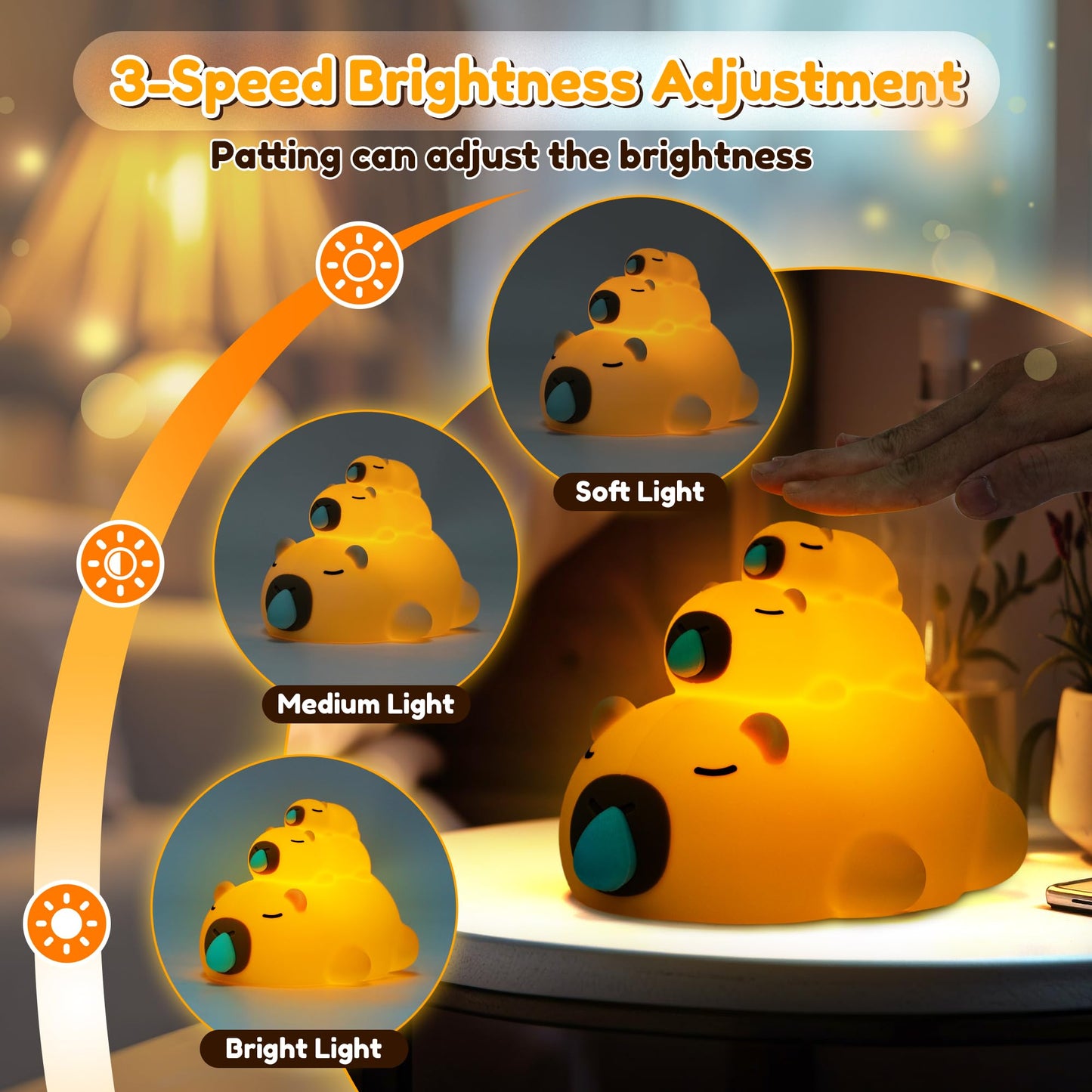 Gqiirl Capybara Night Light For Kids - Cute Capybara Nigh Lamp With 3 Levels Dimmable And Timer  Silicone Animal Touch Bedside Lamps  Rechargeable Squishy Little Nightlights For Bedroom Boy Girl Gifts