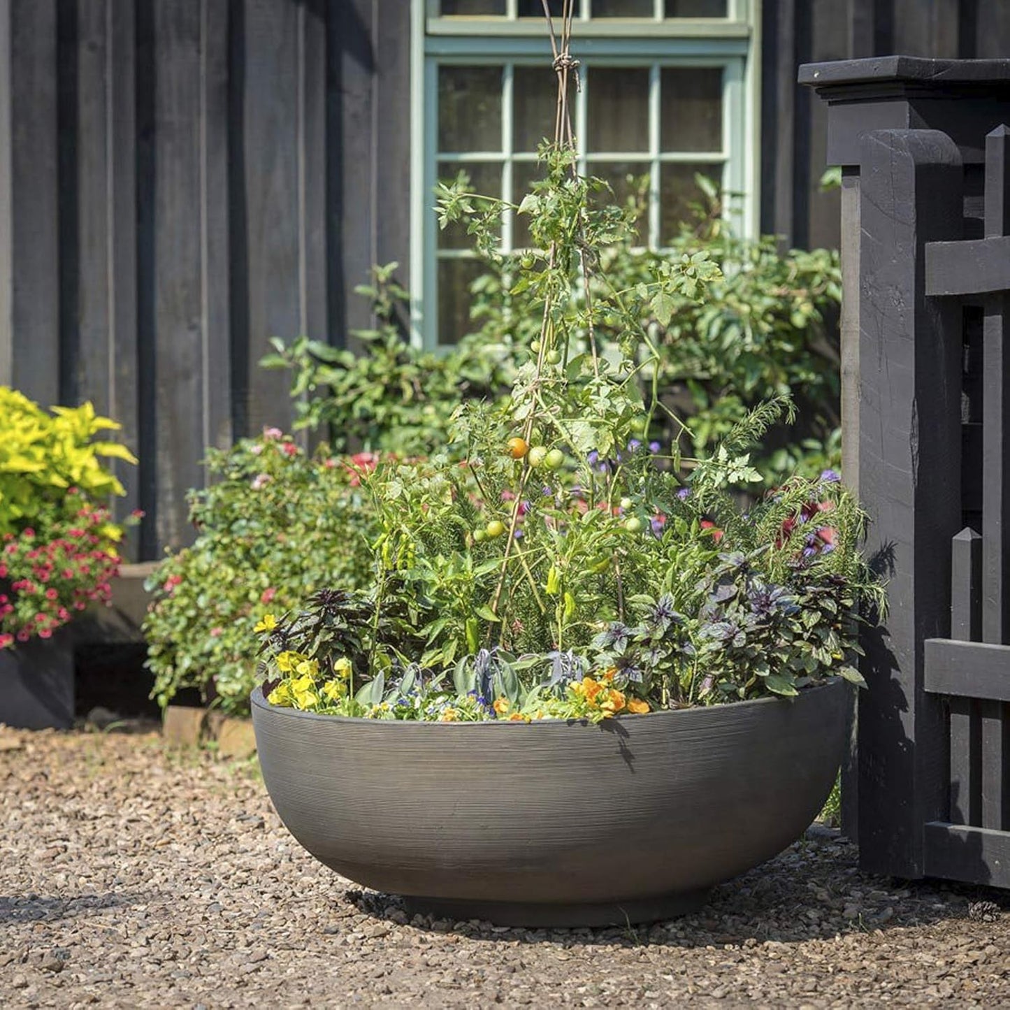 Crescent Garden Large Outdoor Planter Bowl – Double-Walled Resin Pot with Drain Hole for Water Gardens, Fountains, Decorative Landscaping - 30" W x 12" H (Caviar Black)