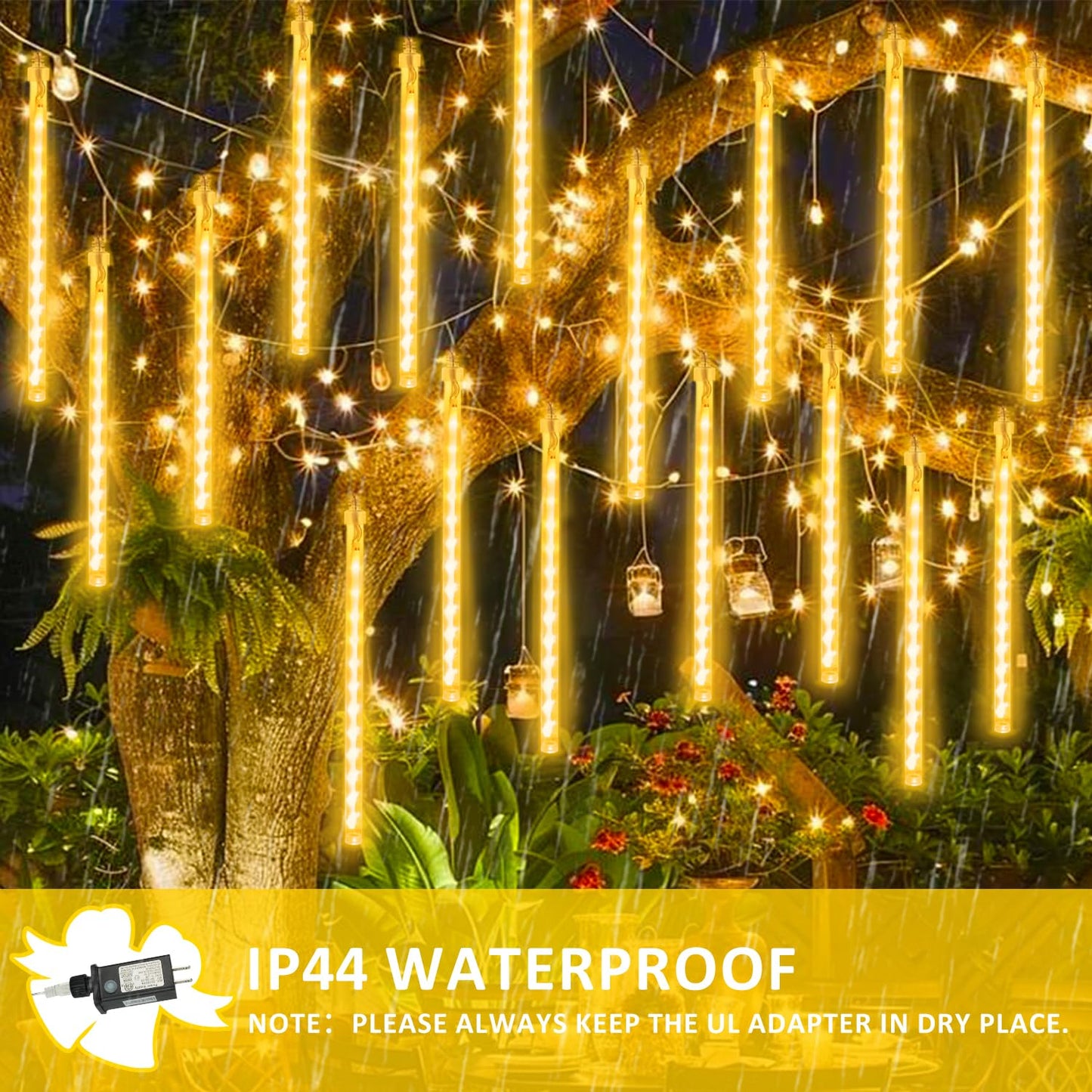2-Pack Extendable Meteor Shower Christmas Lights Outdoor  16 Tubes 384 Leds Waterproof Falling Rain String Lights  Christmas String Lights Outdoor For Tree Patio Garden Holiday Decorations(Warm White)