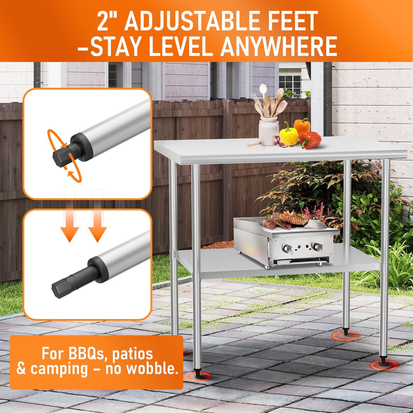 HOCCOT Stainless Steel Table for Food Prep & Work 24 x 36 inches Utility Table with Adjustable Undershelf, Commercial Workstation in Kitchen, Garage, Outdoor BBQ