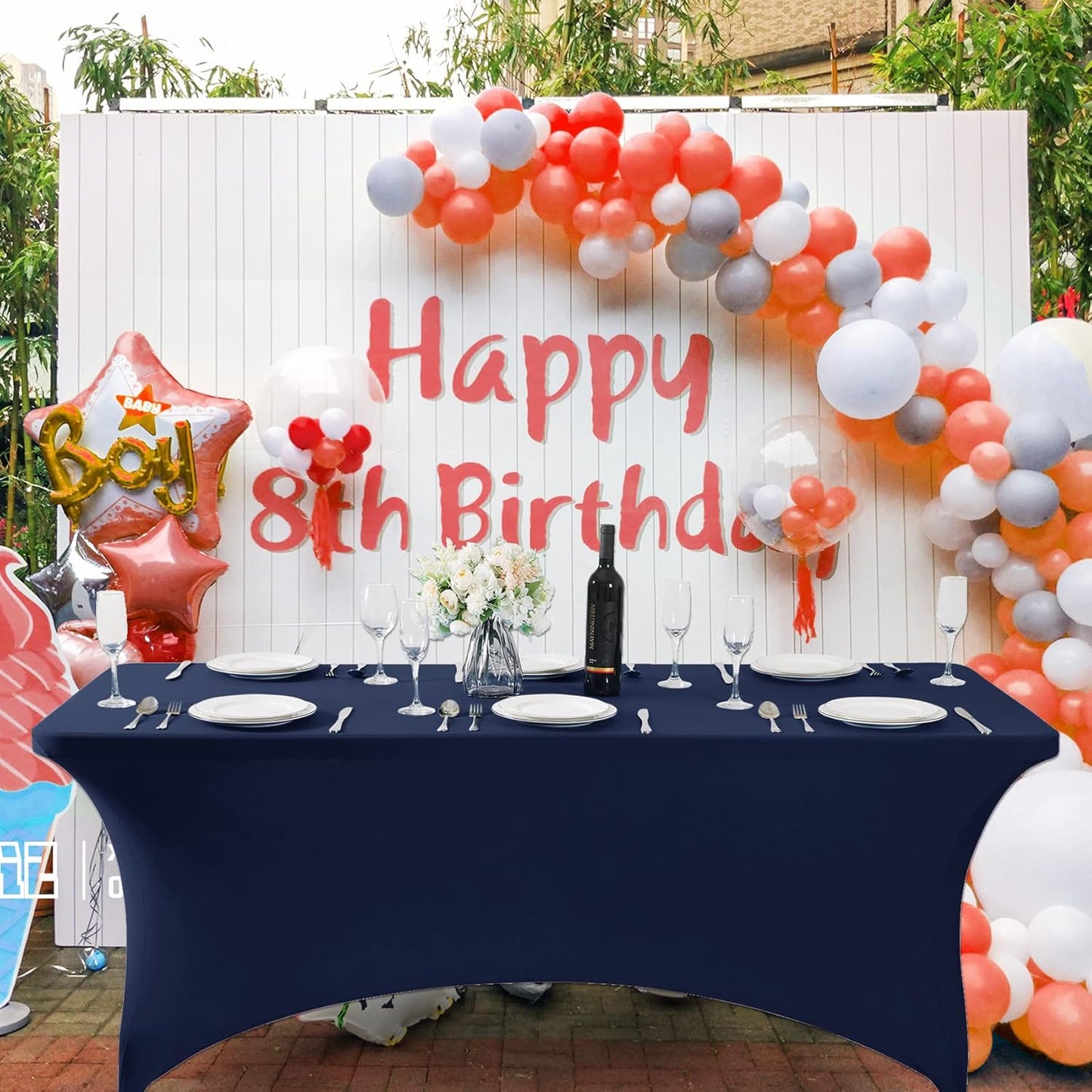 SuperO Waterproof Spandex Table Cover for 8FT Table Universal Fitted Stretch Tablecloth for Party, Banquet, Wedding and Events-Navy
