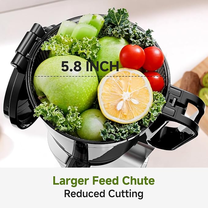 Cold Press Juicer – 5.8" Wide Mouth Hopper for Whole Recipe Loading, Self Feeding for Hands-Free Operation, Zero Waste Masticating Juicer For More Juice, Less Pulp – Triple Strainers