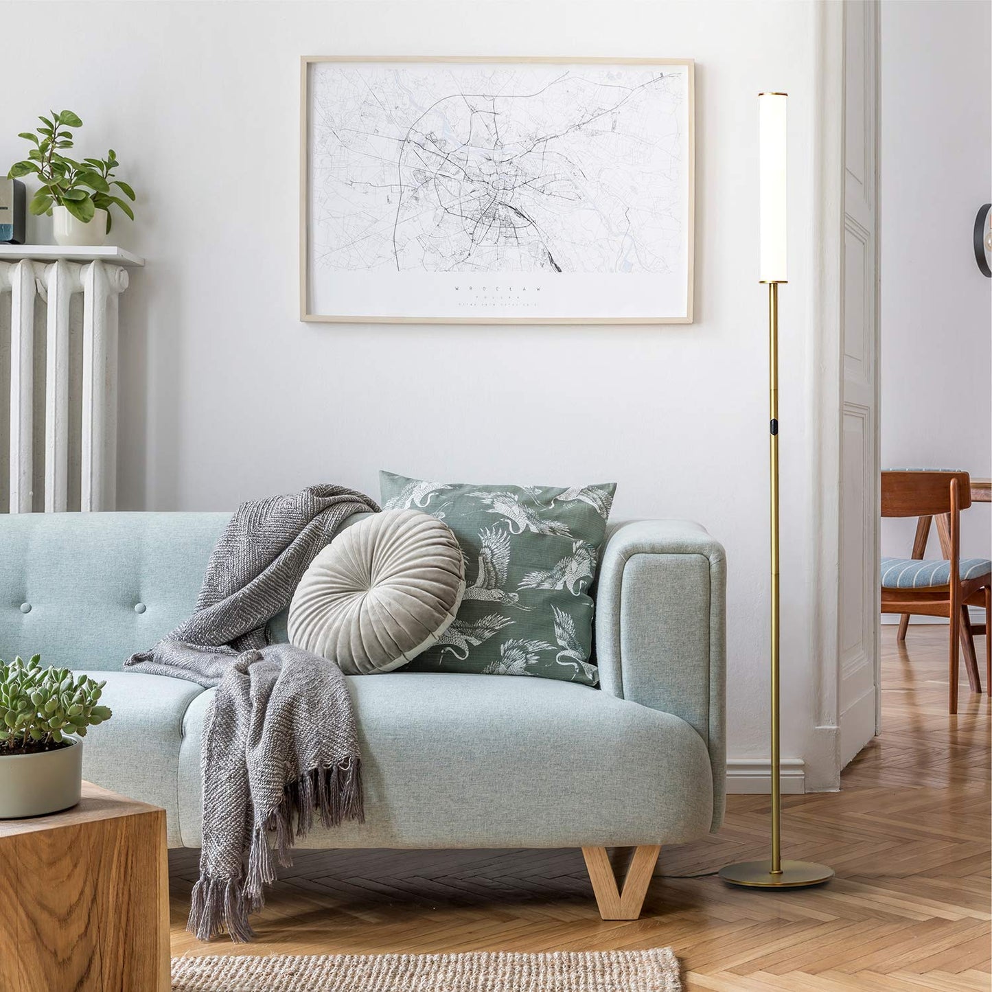 OBright LED Cylinder Floor Lamp, Remote Control, Dimmable 3000K-6000K, Antique Brass, Model OB-FL09D