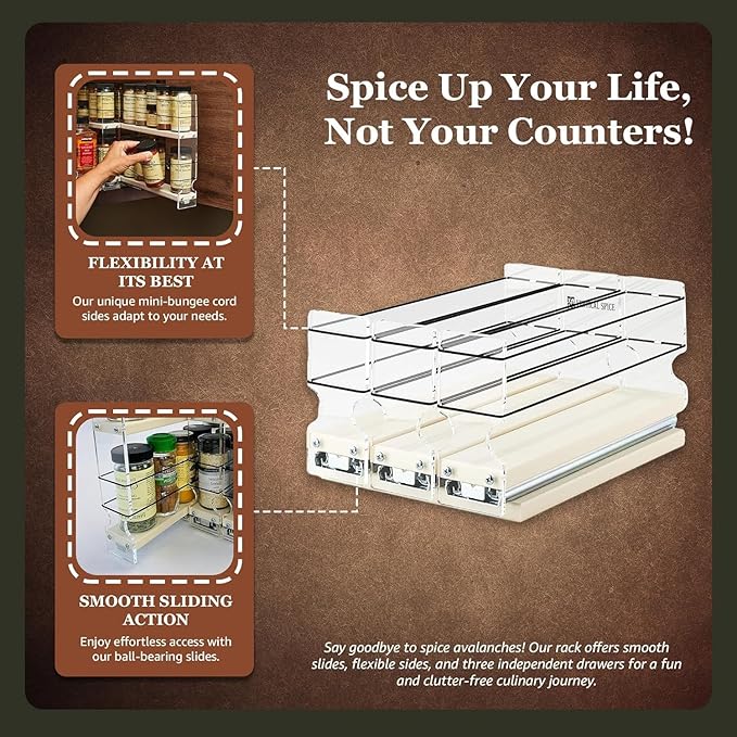 Vertical Spice Cabinet Mounted Spice Rack Drawer - Pull Out Cabinet Organizer - Cupboard Organizers & Storage - Pantry Shelves - 15 Regular Jars, 3 Drawers (6.9" W x 5.0" H x 10.6" D, Cream)