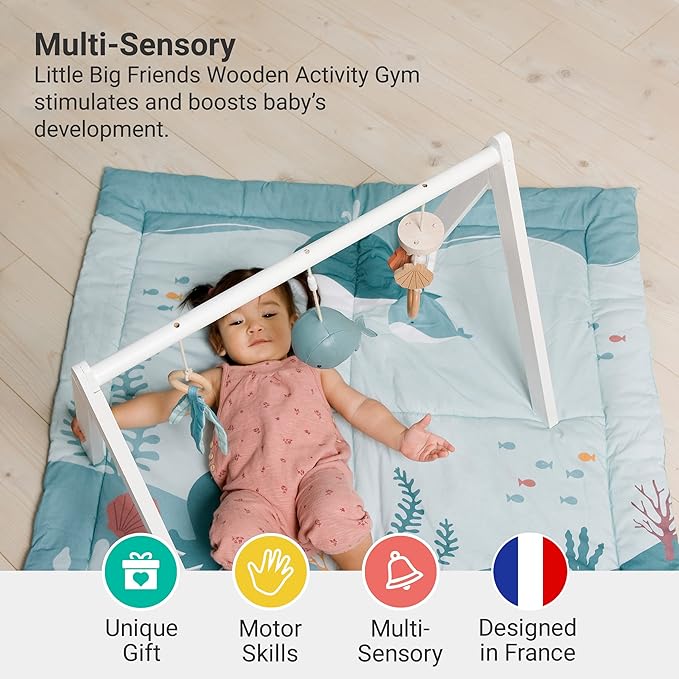 Little Big Friends Wooden Baby Activity Gym – Montessori Play Gym for Babies | Encourages Motor Skills & Sensory Development | Includes Crinkle Fabrics, Wooden Chimes & Hanging Toys – Ocean
