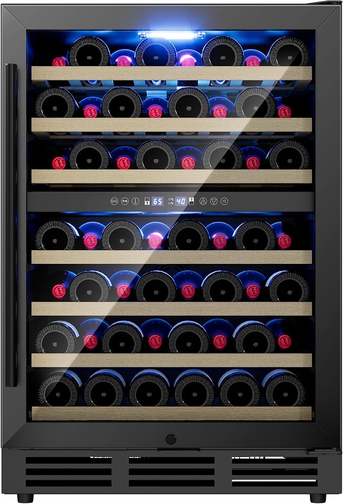 24 Inch Dual Zone Wine Refrigerator, 54 Bottle Under Counter Wine Fridge for Built-in or Freestanding, Wine Cooler with Glass Door, Removable Shelves for Home, Office (Blcak)