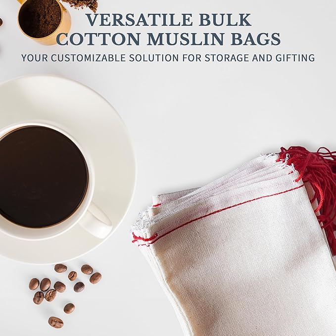 Celestial Gifts Muslin Bags - 100% Cotton Drawstring Bags Medium 25pcs, 5x7, Reusable Tea, Coffee, Jewelry, Gift, Spice Pouch and Sachet Bag - Made in USA - (Red Hem and Drawstring)