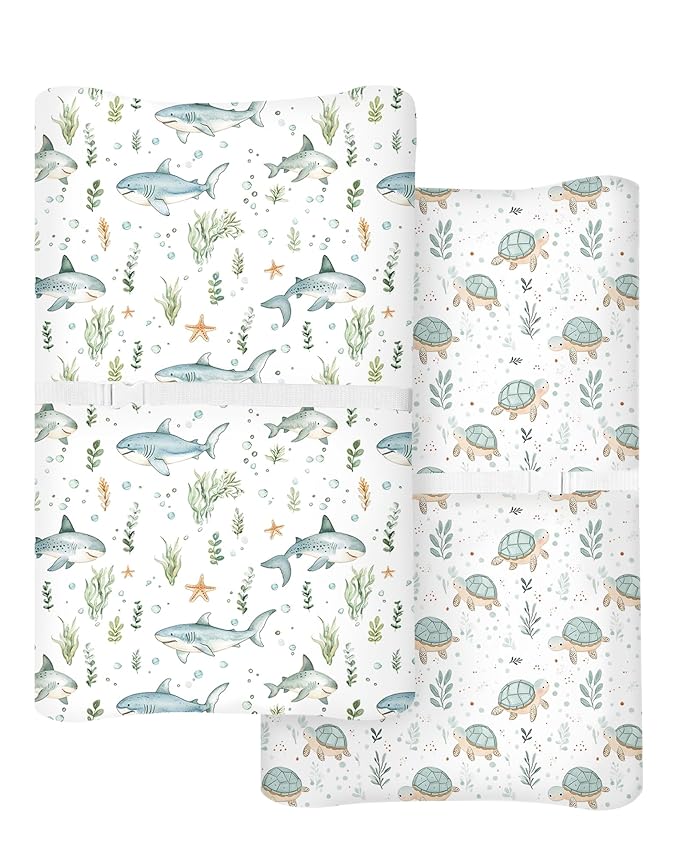 Changing Pad Cover for Baby Boys Girls 2 Pack, Fits Standard 32”×16” Changing Table Pads, Silky Breathable Stretch Knit, Machine Washable (Turtle & Shark)