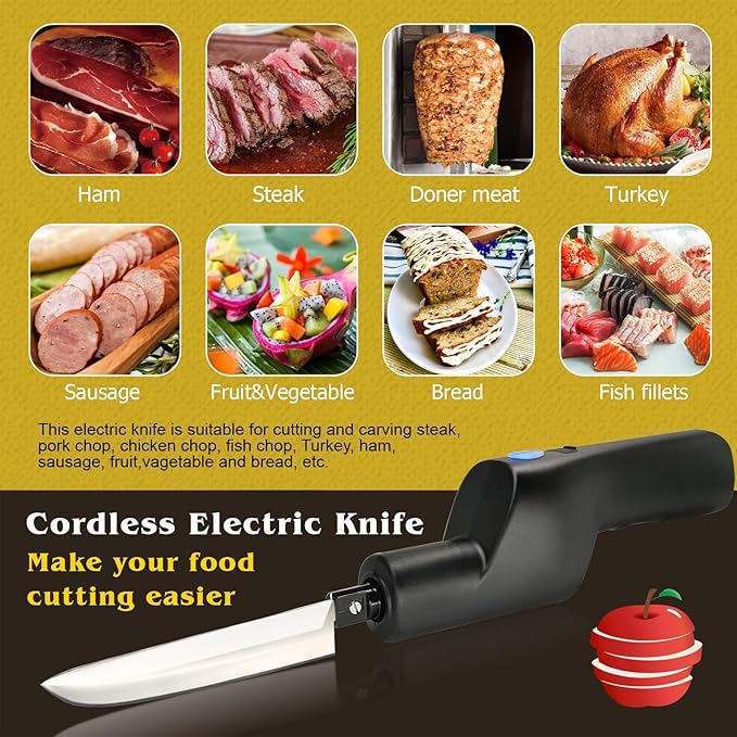 YOTAN Cordless Electric Knife, Electric Turkey Carver, Portable Rechargeable Lithium Electric Knife with Safety Lock, for Carving Meat, Turkey, Fish, Poultry, Steak, Bread, Vegetables, Handmade