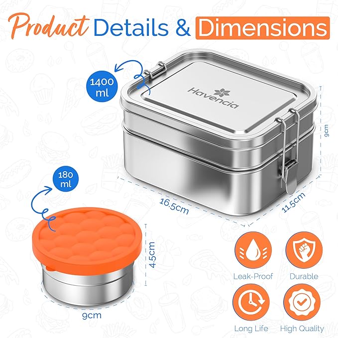 Stackable Stainless Steel Bento Box With Snack Container, 47oz/1400ml, Lunch Box for Kids & Adults, Bento Lunch Box With Compartments, Eco-Friendly Metal Container for School, Work, & Travel