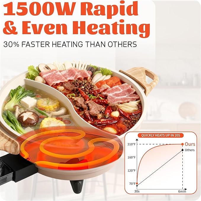 TWIN™ Electric Hot Pot with Divider | PFAS-Free Ceramic Nonstick Pot | EvenHeat Cast Aluminum Body | 1500W Fast Heating | Dual-Flavor Shabu Shabu Pots for Family Use | 1-Yr Warranty