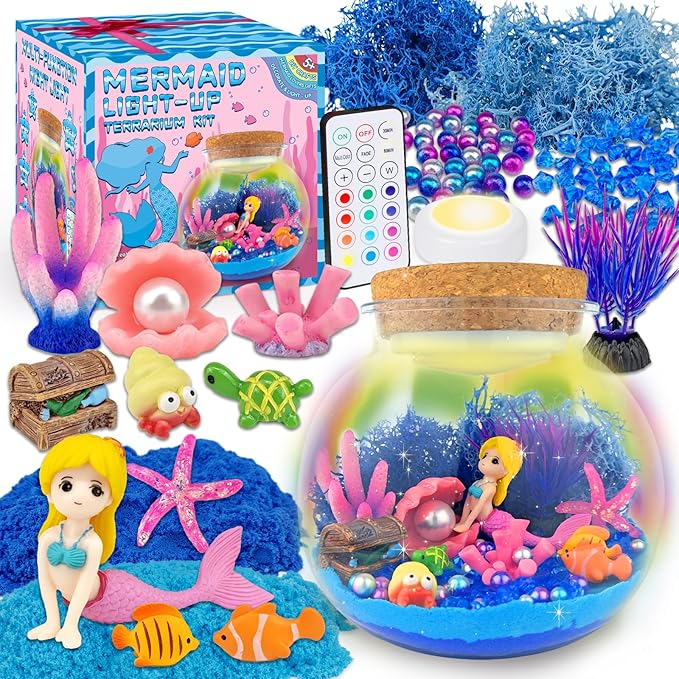 7july Mermaid Terrarium Craft Kit for Kids - LED Night Light Up & Remote Mermaid Birthday Gifts Toys for Girls Age 5 6 7 8...