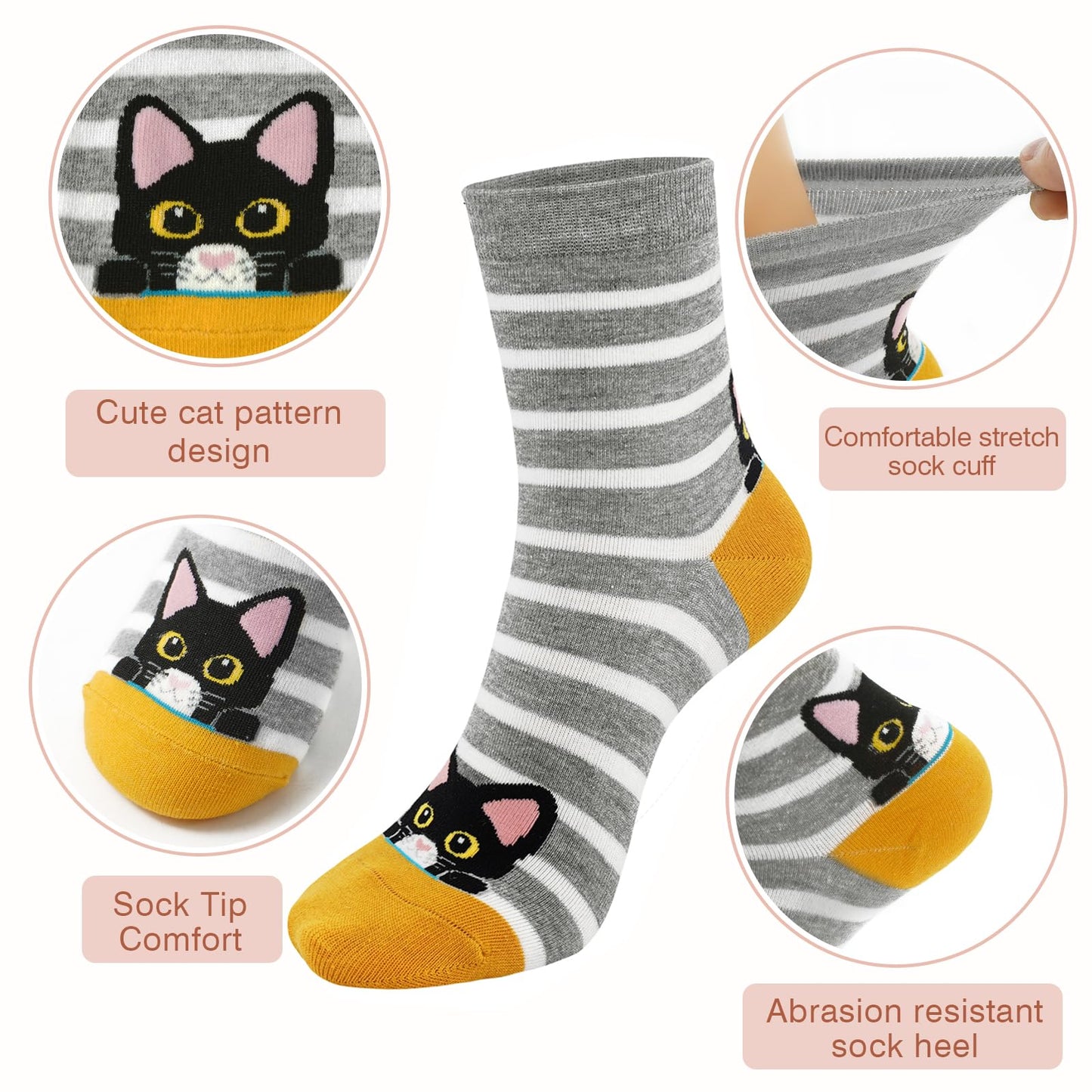YOYOU Cat Socks for Women, Funny Cute Animal Crew Sock, Patterned Novelty Quarter Socks 5 Pair