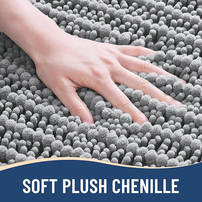 Arotive Luxury Chenille Bathroom Rug Mat, Extra Soft Thick Absorbent Shaggy Bath Rugs, Non-Slip Machine Wash Dry, Plush Bath Mats for Bathroom, Shower and Tub, 47x24, Light Grey