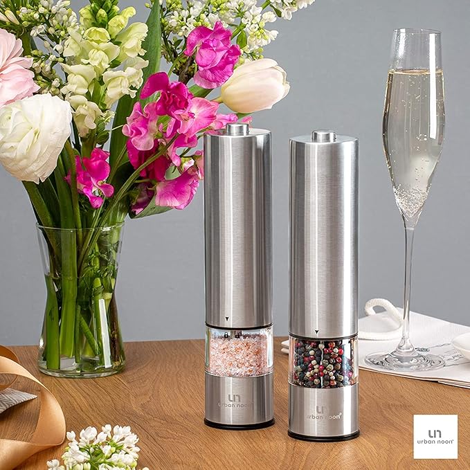 Electric Salt and Pepper Grinder Set - Stainless Steel Battery Operated Salt & Pepper Mills with Light (Pack of 2) - Automatic One Handed Operation Adjustable Ceramic Grinders