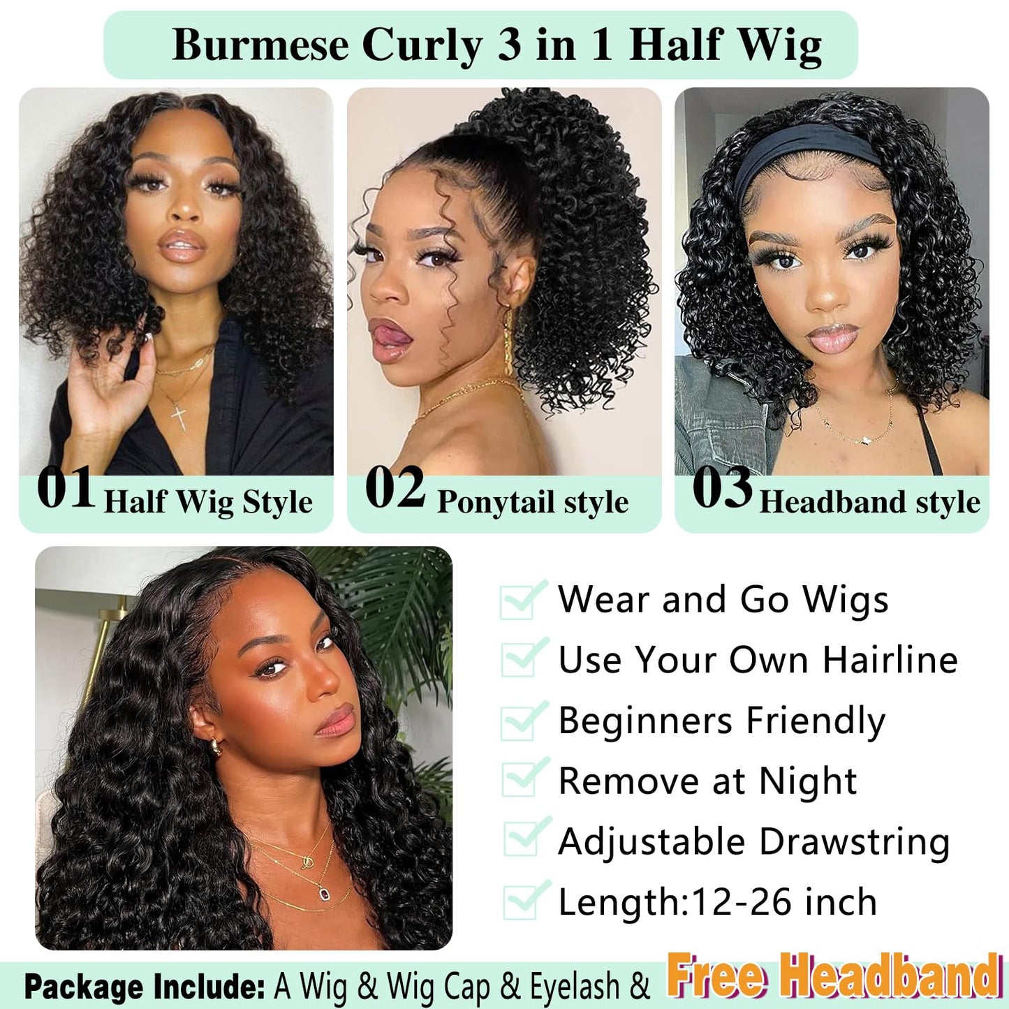Burmese Curly Half Wigs Human Hair 200% Density Curly 3 In 1 Half Wigs With Drawstring for Women Water Wave Glueless Wig Human H
