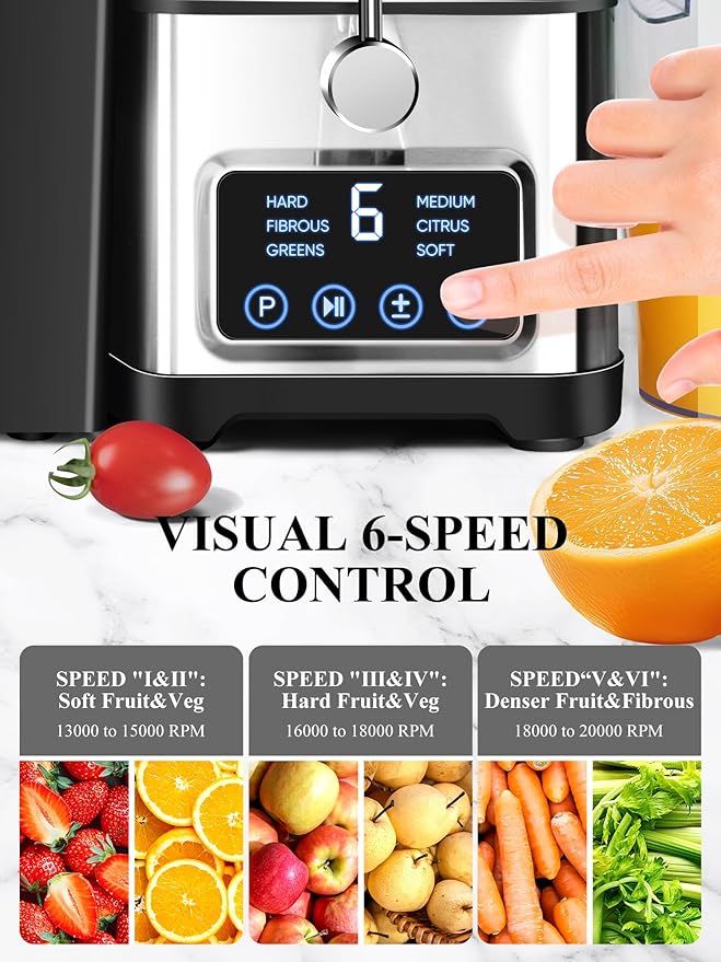 1200W 6-Speed Touch LCD Screen Centrifugal Juicer with 3.2'' Big Wide Chute, Healnitor Juice Extractor Machines Vegetable and Fruit, Titanium Enhanced Filter, Easy Clean, BPA-Free, Silver