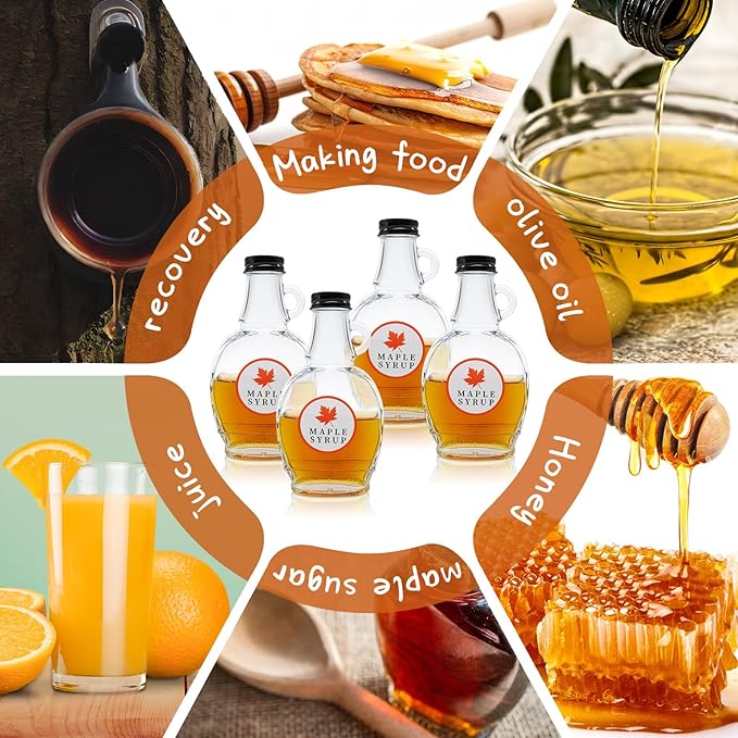 5 oz Maple Syrup Bottles with Loop Handle Black Aluminum Lids, Clear Glass Bottles with Round Stickers, Maple Syrup Jars Container Sample for Gift Juice Milk Sauce Storage (12)