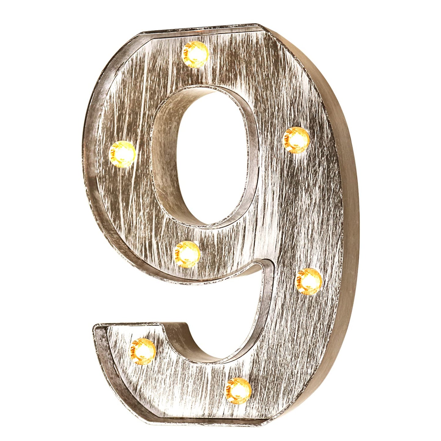 Glintee LED Number Lights Sign, Brushed Silver Gray, Battery Powered, Size 9 for Weddings and Parties