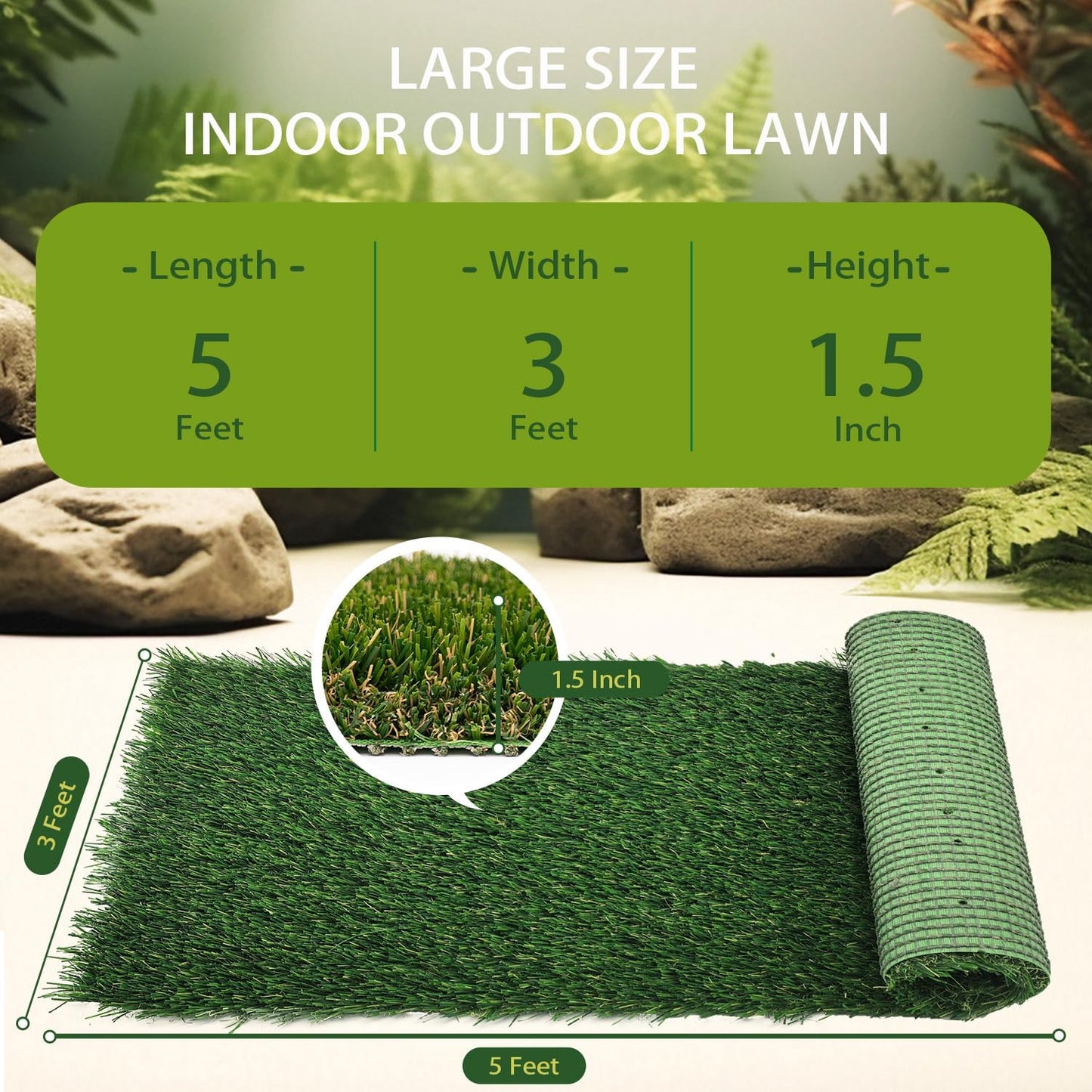 Artificial Grass Rug Outdoor Indoor,1.5 in Thick,Fake Grass Carpet Synthetic Turf Rug Realistic Turf Rug for Garden,Balcony,Patio with Drainage Holes (3FTX5FT)