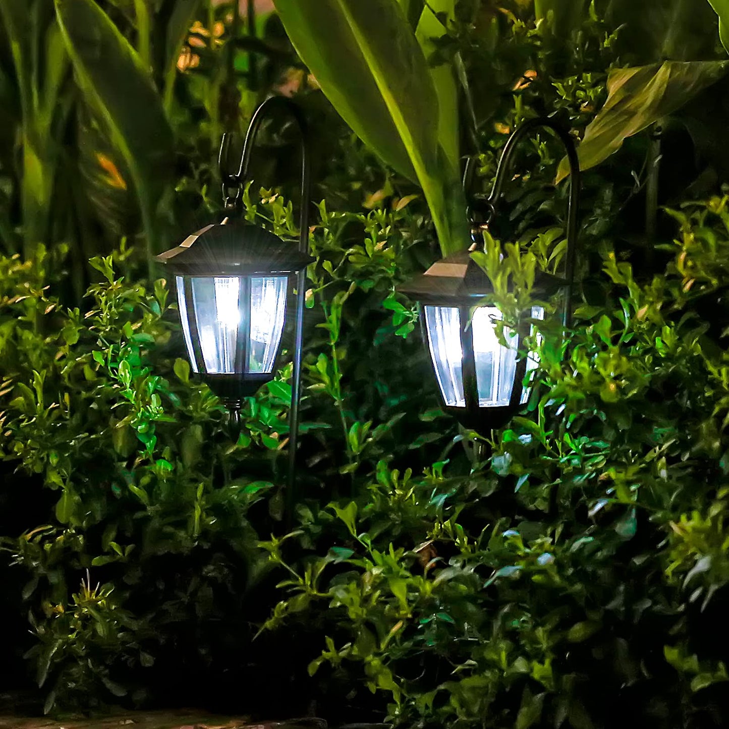 Viewsun Solar Hanging Lights, Waterproof Plastic Lanterns, 2 Pack, White, with Shepherd Hooks for Garden, Patio, Backyard, Pathway Decor