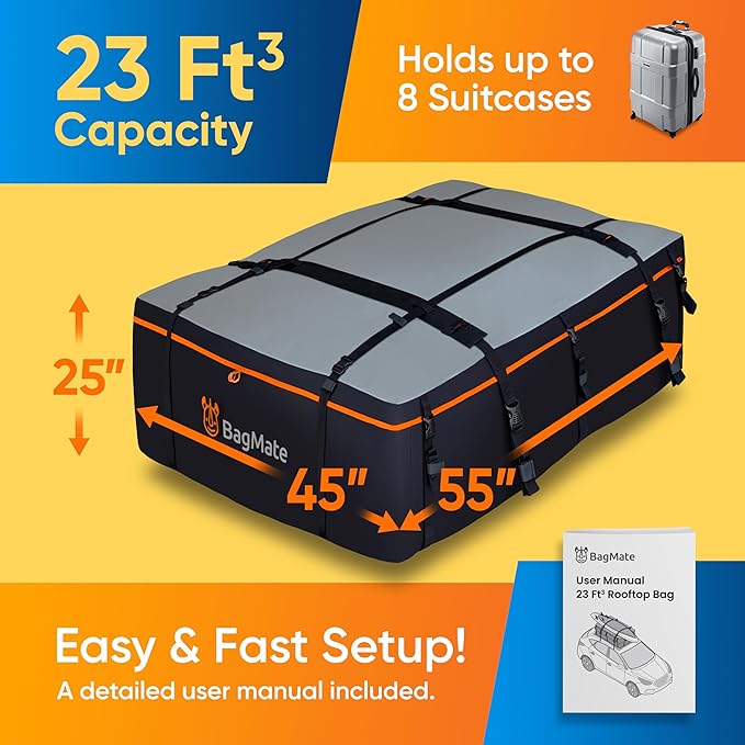 Heavy-Duty Waterproof Roof Bag – 23 Cubic Feet Rooftop Cargo Carrier, Soft Luggage Carrier with Protective Mat (Roofbag for SUVs and Cars) – Compatible with Racks or Without