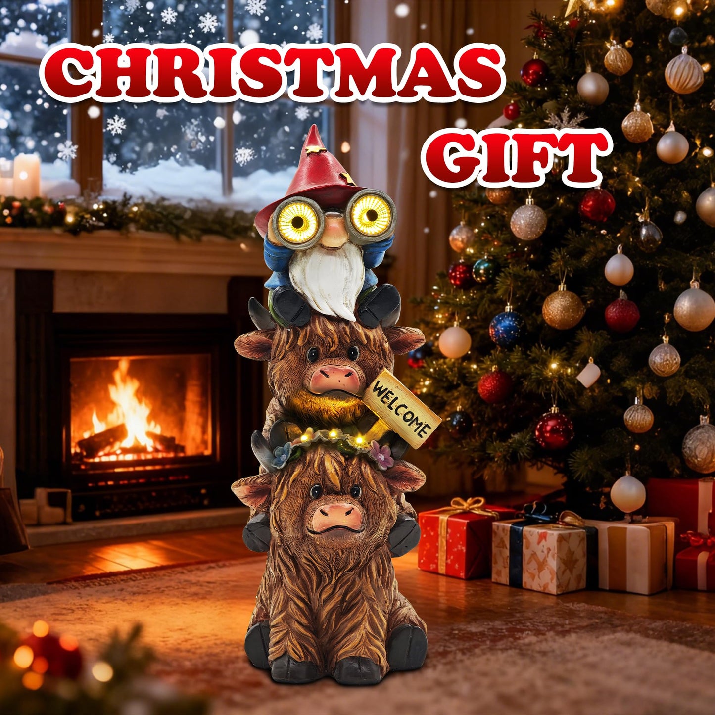 Cffownug Christmas Garden Gnomes Outdoor Statue: 11 Highland Cow Decor With Welcome Sign Funny Triple Yard Decorations With Solar Light Unique Birthday Gifts For Women Mother Grandma