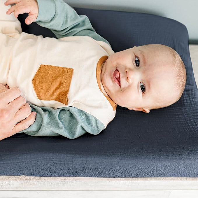 Konssy 2 Pack Muslin Changing Pad Covers for Boys, Ultra Soft & Breathable Cotton Baby Diaper Changing Table Covers, Neutral Nursery Diaper Changing Pad Sheets(Navy, Cream)
