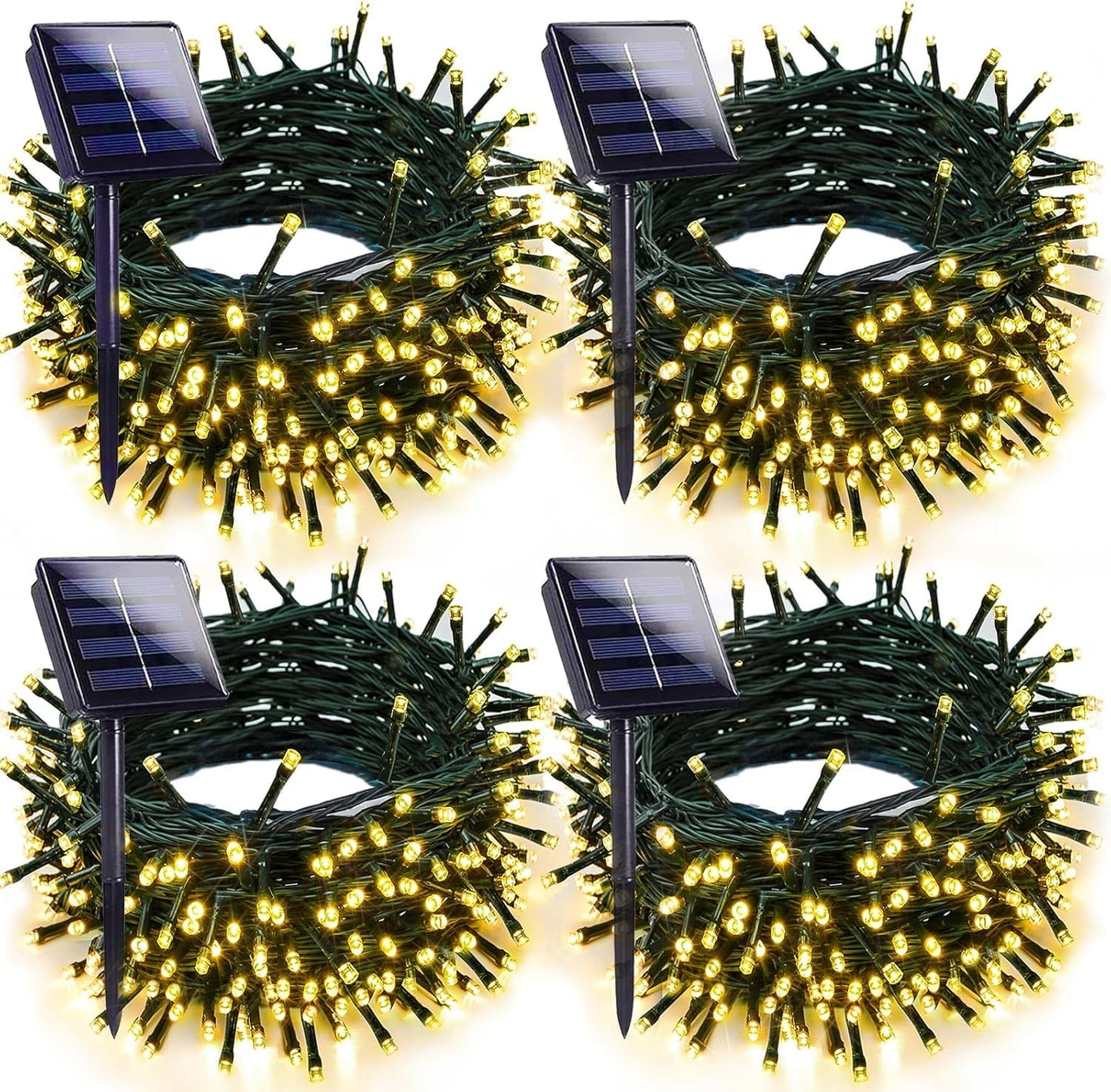EXF 4-pack Solar String Lights, 400LED 132FT, Waterproof, 8 Modes, Green Wire, Warm White
