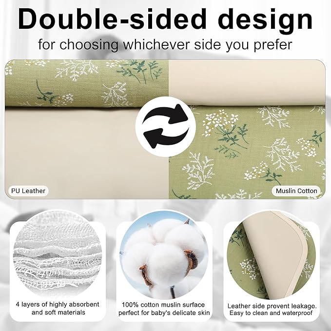 Baby Diaper Changing Pad, 19.7"x25.6" Waterproof Changing Pad Liners with 100% Muslin Cotton Front Top and Leather Back, Soft and Absorbent Portable Changing Mat for Travel, Changing Station