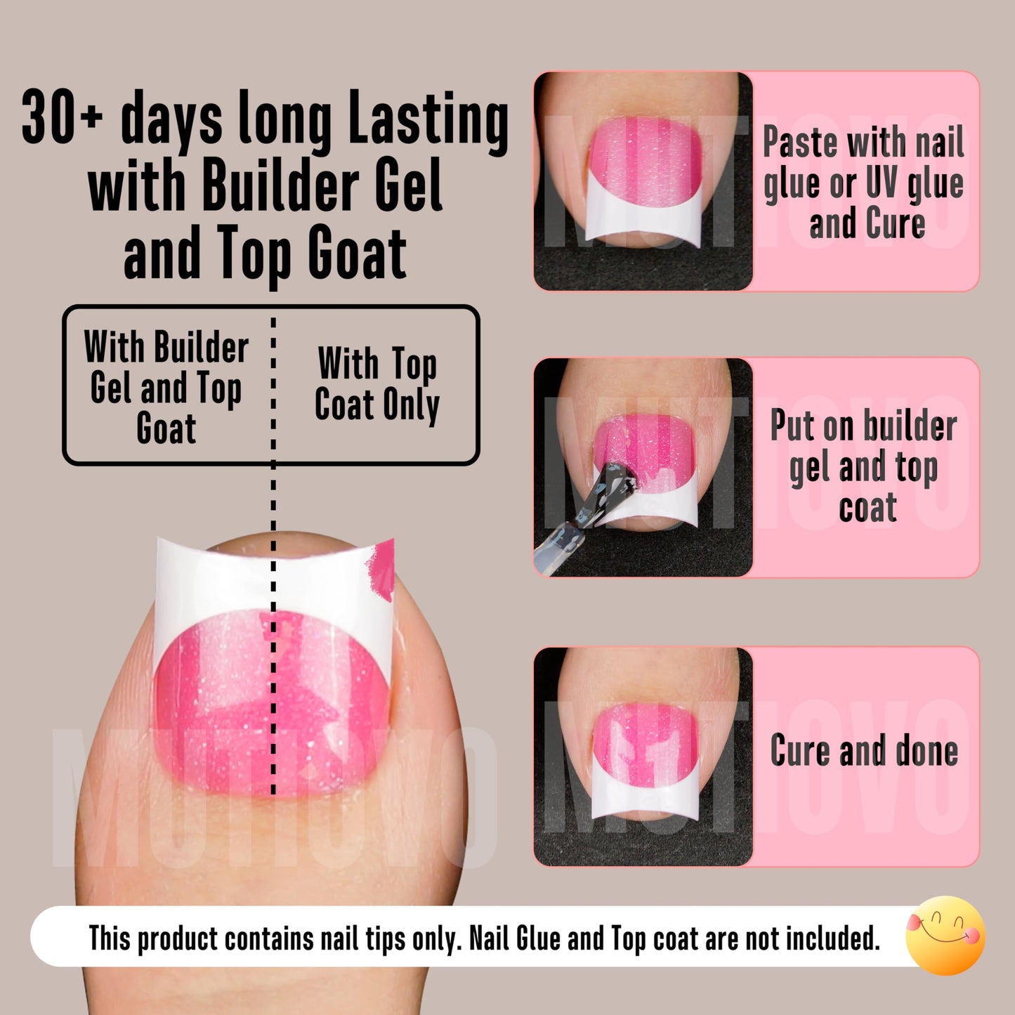 Short Toe Nail Tips White French Tip ROSE PINK Press on with Moon Curve,Soft Gel False Nail Kit,Thick Sharp Square Toenail Exten