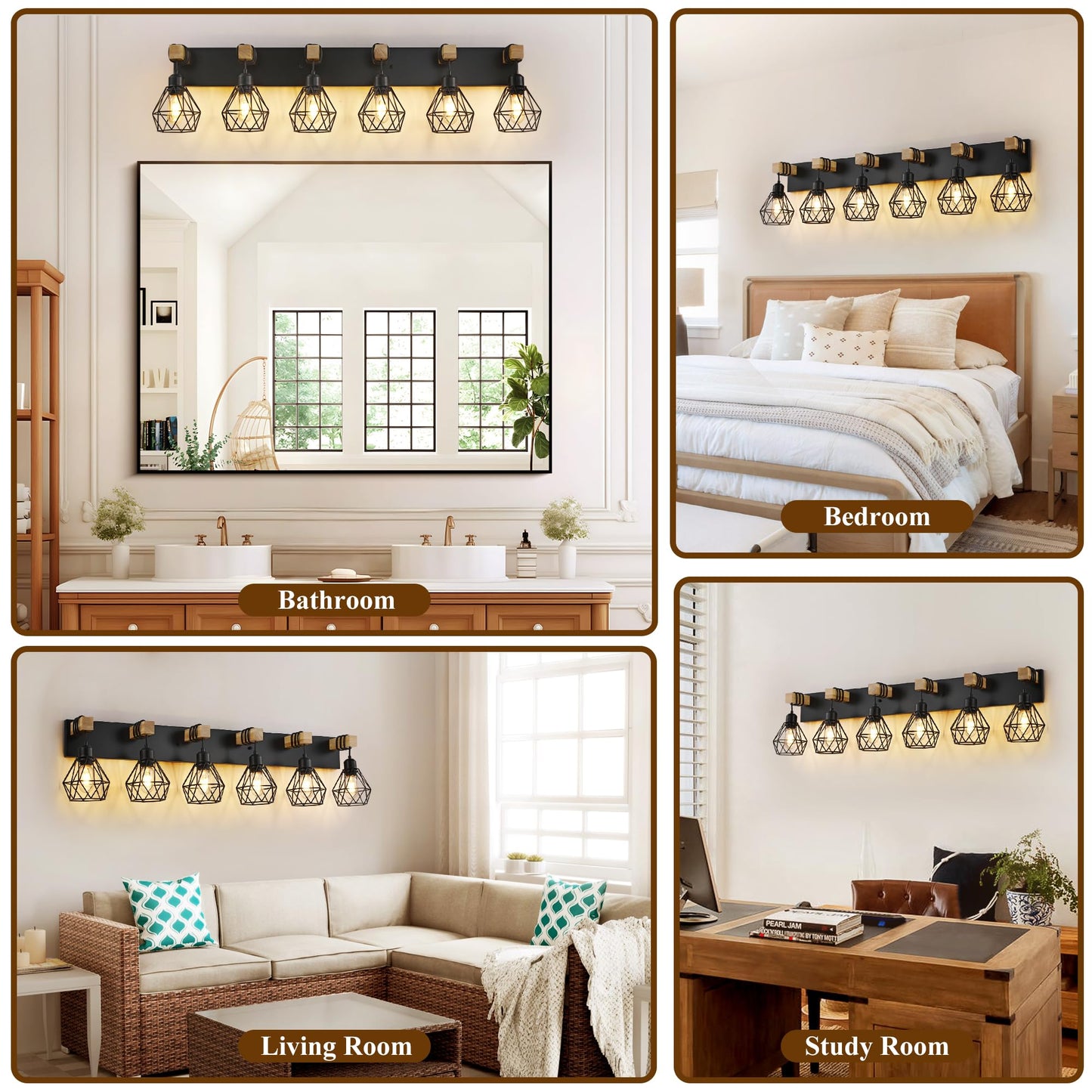 Farmhouse Bathroom Vanity Light Fixtures  6-Light Wood Bathroom Light Fixtures Over Mirror  Rustic Sconces Wall Lighting With Elegant Metal Lampshade For Living Room  Bedroom  Hallway