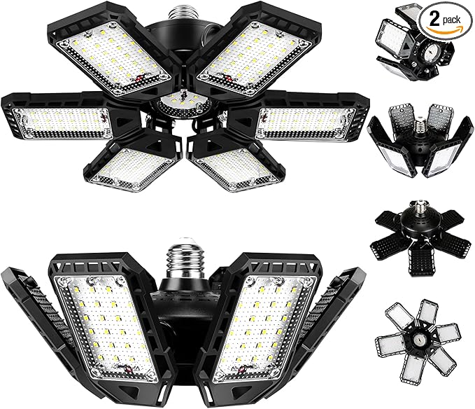 LED Garage Lights Bulb 2 Pack 180W 18000LM 6500K Led Shop Light with 6 Plus 1 Deformable Panels Basement Barn Ceiling Ligh...