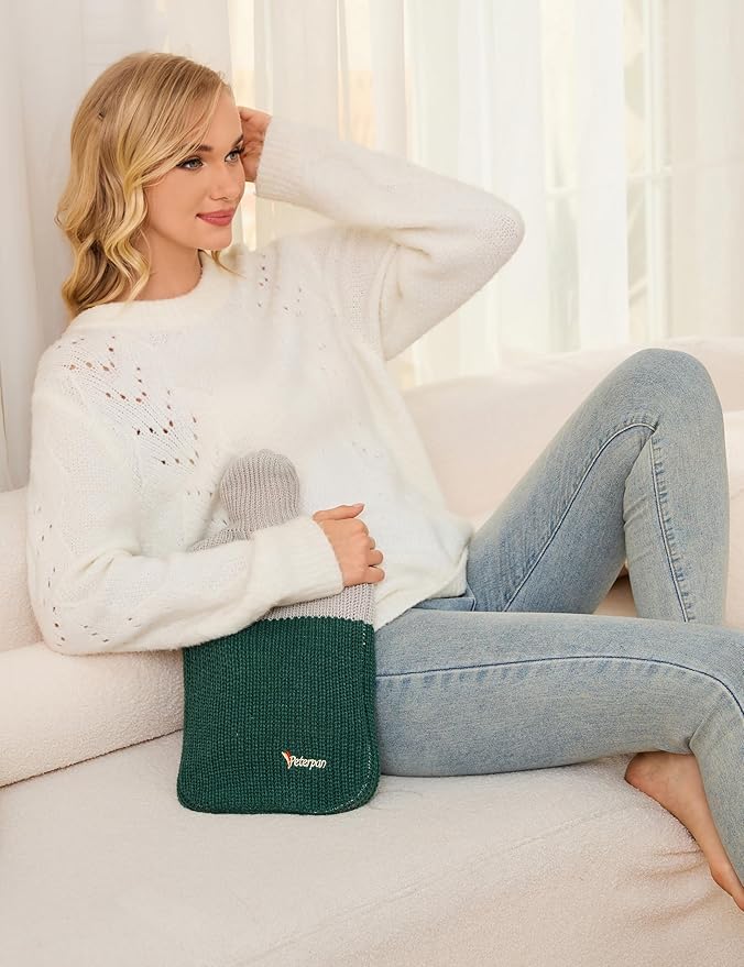 Peterpan Knit Rubber Hot Water Bottle with Wool Blend Cover, Size: XXX-Large, Hot Water Bottles for Pain Relief, BPA & PVC Free, 100 Fl Oz Capacity, Original, Wool Blend Hot Water Bottle, Gray & Green