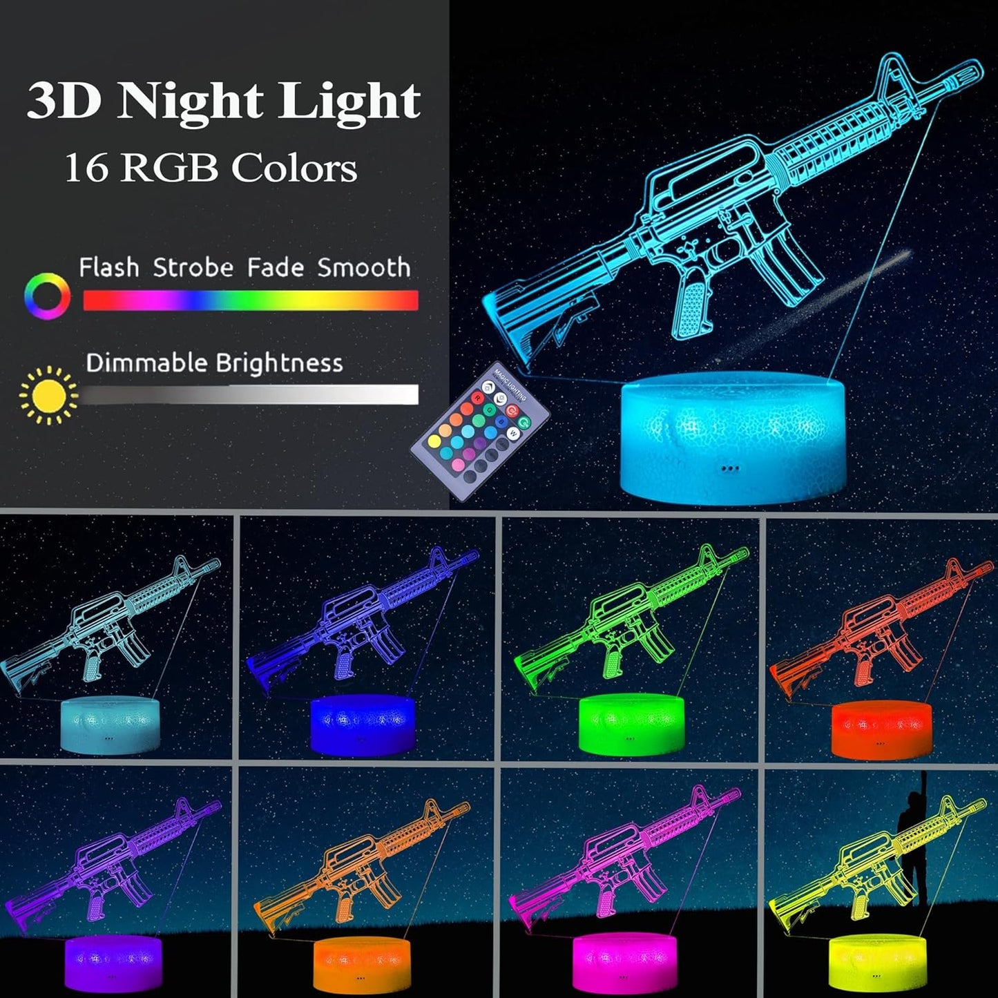M4A1 Night Light, M4A1 Model Gifts, 3D Illusion Lamp with 16 Colors Changing, Remote Control and Dimmable, Game Living Room Decoration, Holiday Xmas Gifts