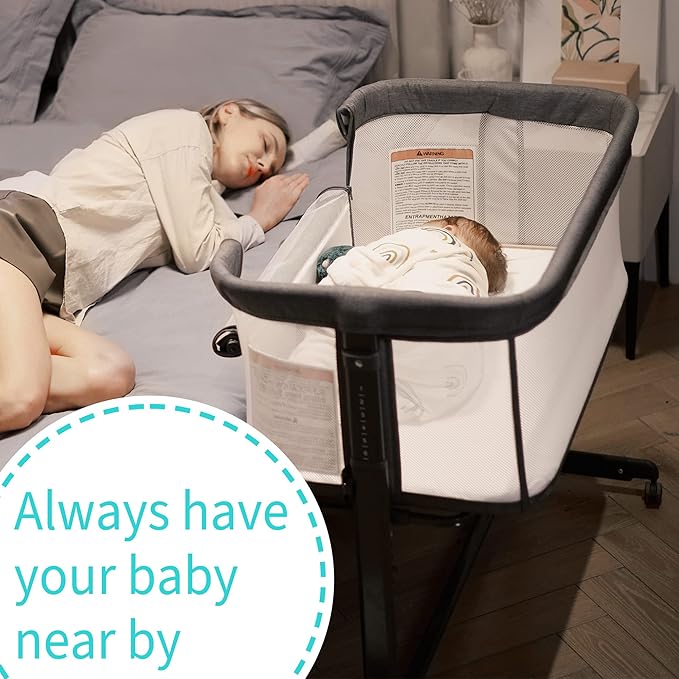 AMKE Baby Bassinet Bedside Sleeper, Portable Bassinet with Wheels, 6-Height Adjustable & Fold Down Side, Full Breathable Mesh Bedside Crib for Baby with Mattress Pad, Easy to Install, Dark Grey