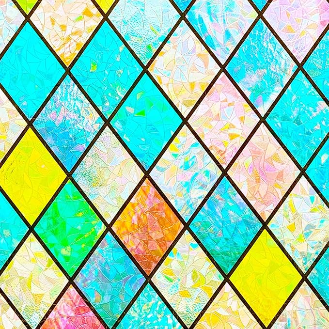 Colorful Stained Glass Window Film 3D Prism Sliding Door Privacy Covering Static Cling Church Tint Decorative Suncatcher Cover Decal No Glue Heat Cotrol Anti Glare Removable Home Office,45.2x157in.