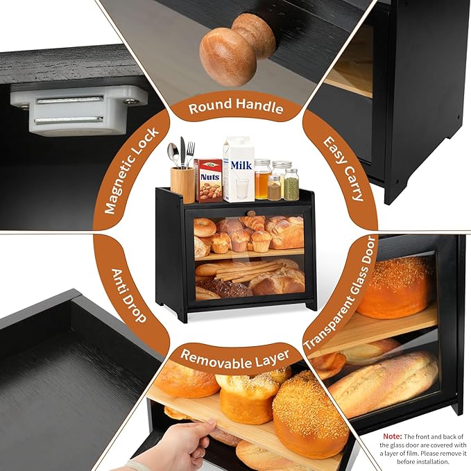 Bamboo Bread Box for Kitchen Countertop, Double Layer Large Capacity Bread Storage Cabinet with Removable Cutting Board, Farmhouse Breadbox Container Organizer Bins for Pantry Shelf Cupboard (Black)