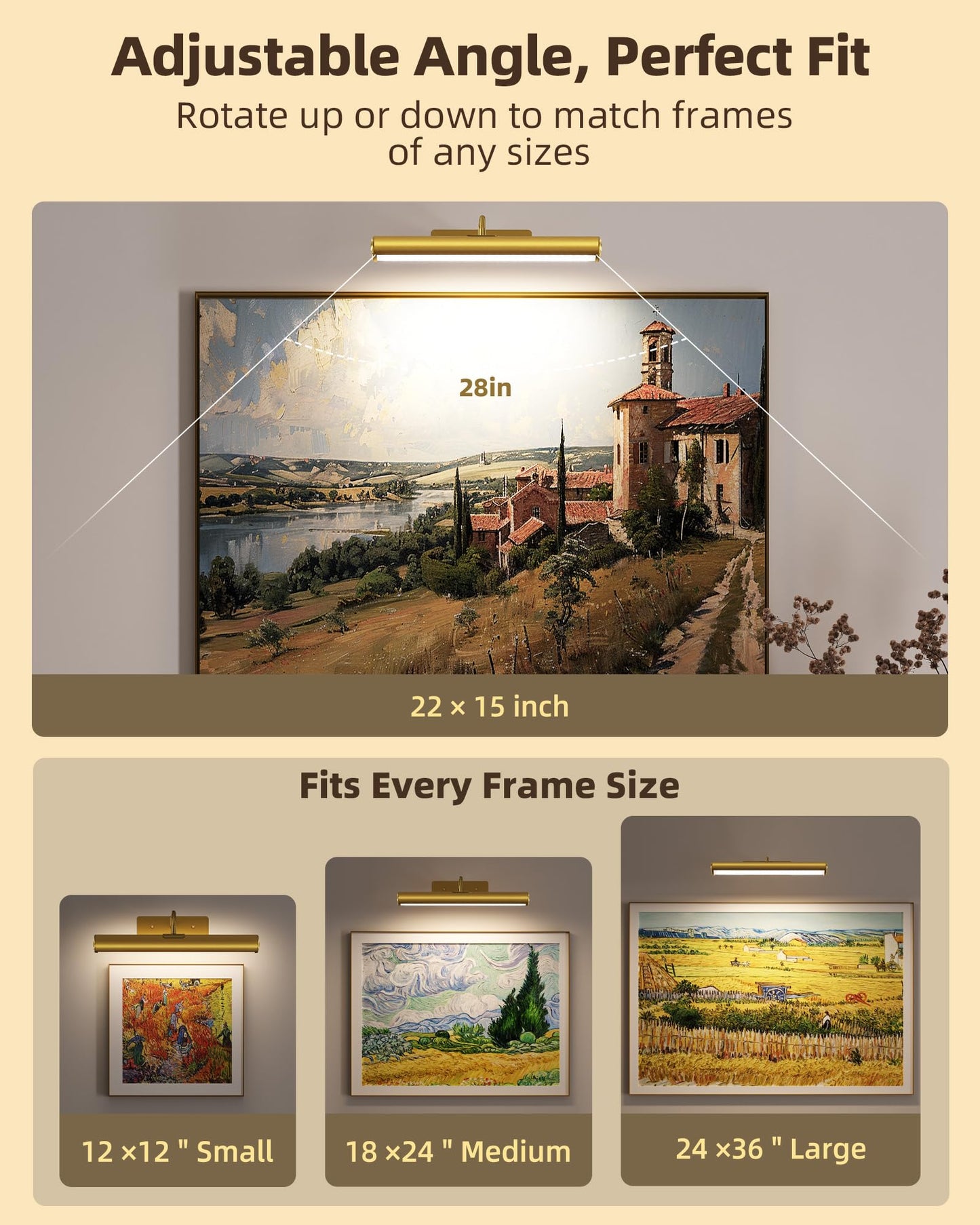 EZVALO Picture Lights for Wall, 6000mAh Rechargeable Battery 16″ Painting Light with Remote, 3 Color Temps Wireless Art Light for Gallery, Living Room, Hallway (Gold)