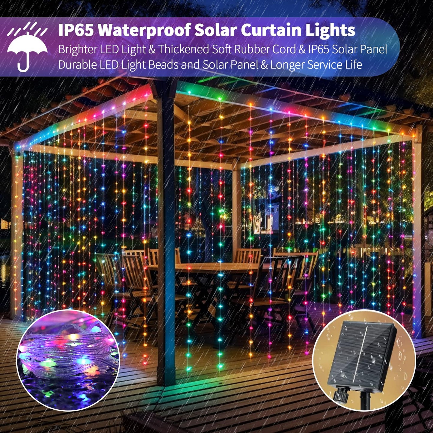 RCNDJE 300LED Solar Curtain Lights, Waterproof Twinkle String Fairy Lights, 10 Feet, Multi Color, USB Rechargeable, Remote Control