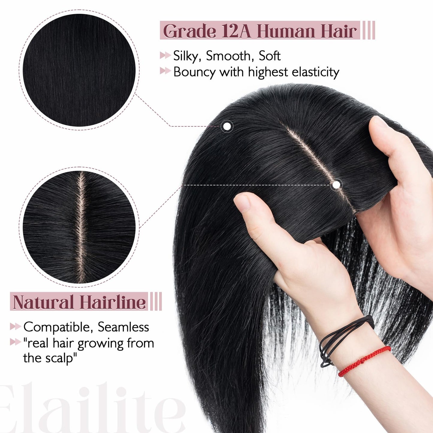 Elailite Hair Toppers for Women Real Human Hair Topper Thinning Thin 5.1x2.8 Silk Base Clip in Remy Hairpieces 8 Inch Jet Black