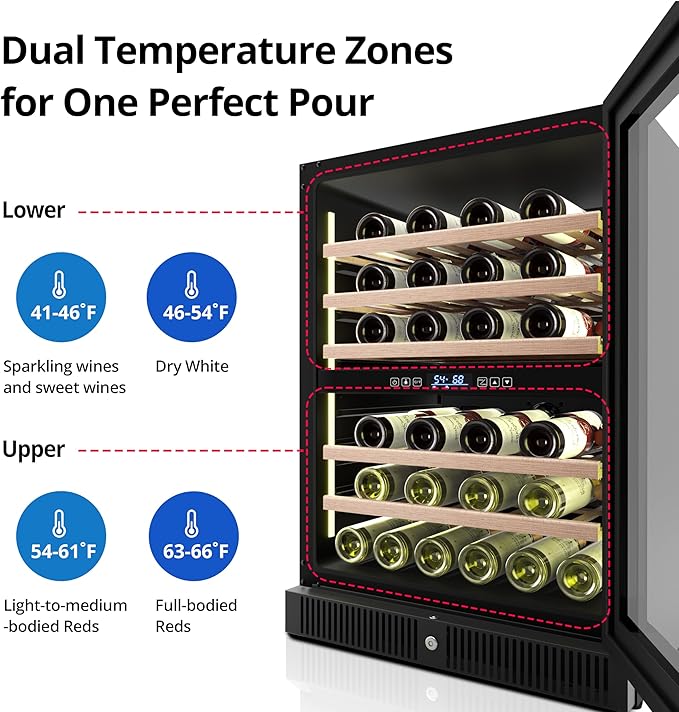 24 Inch Dual Zone Wine Refrigerator, 51 Bottles Under Counter Built-In or Freestanding Wine Cellar, Wine Cooler with Quiet Compressor Cooling and Reversible Glass Door, Fits Large Bottle