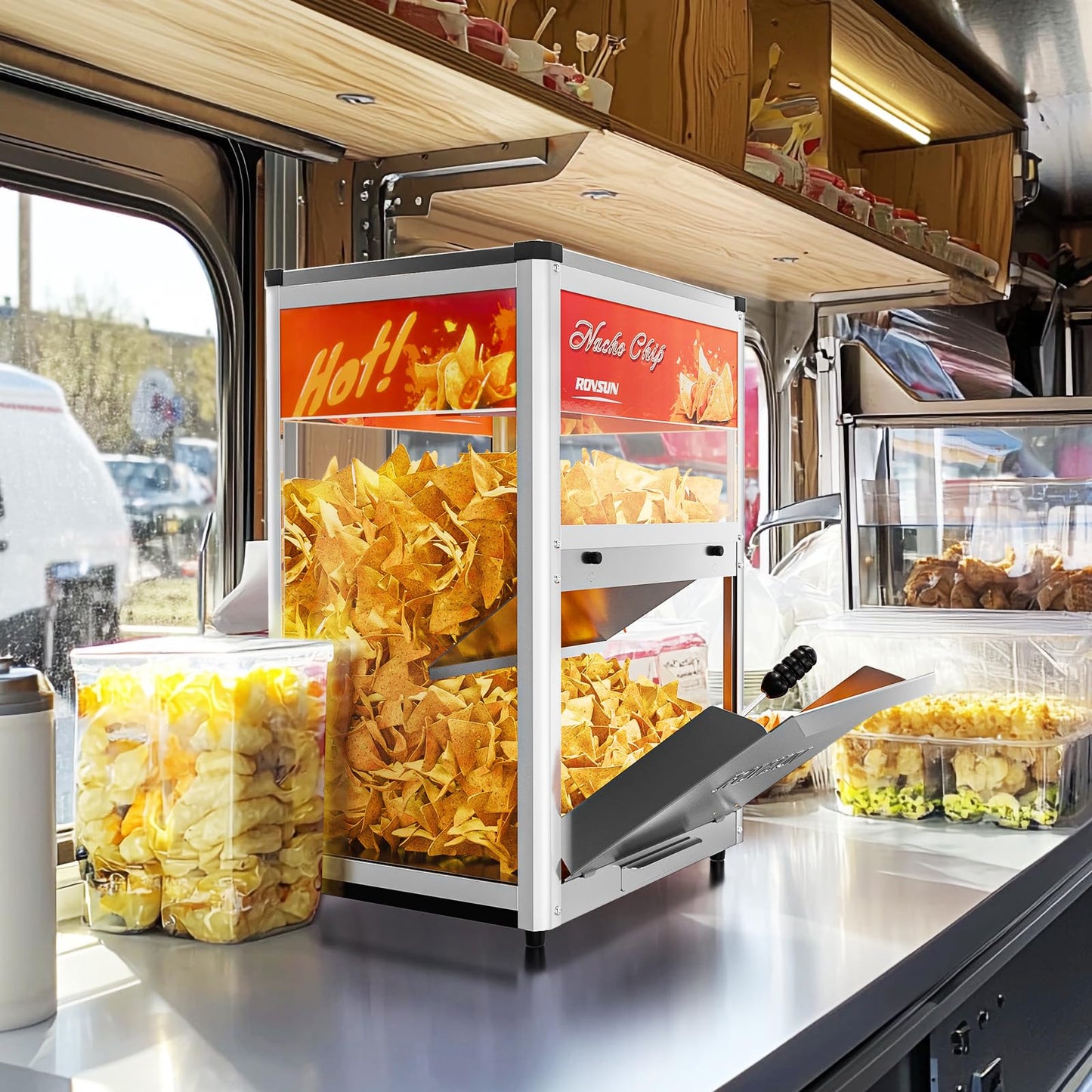 ROVSUN Nacho Machine Food Warmer, Nacho Chip Warmer Countertop Display Case with Warming Light, Removable Deflection, Glass Door, Scoop for Nacho Chips Peanuts Popcorn Stainless Steel