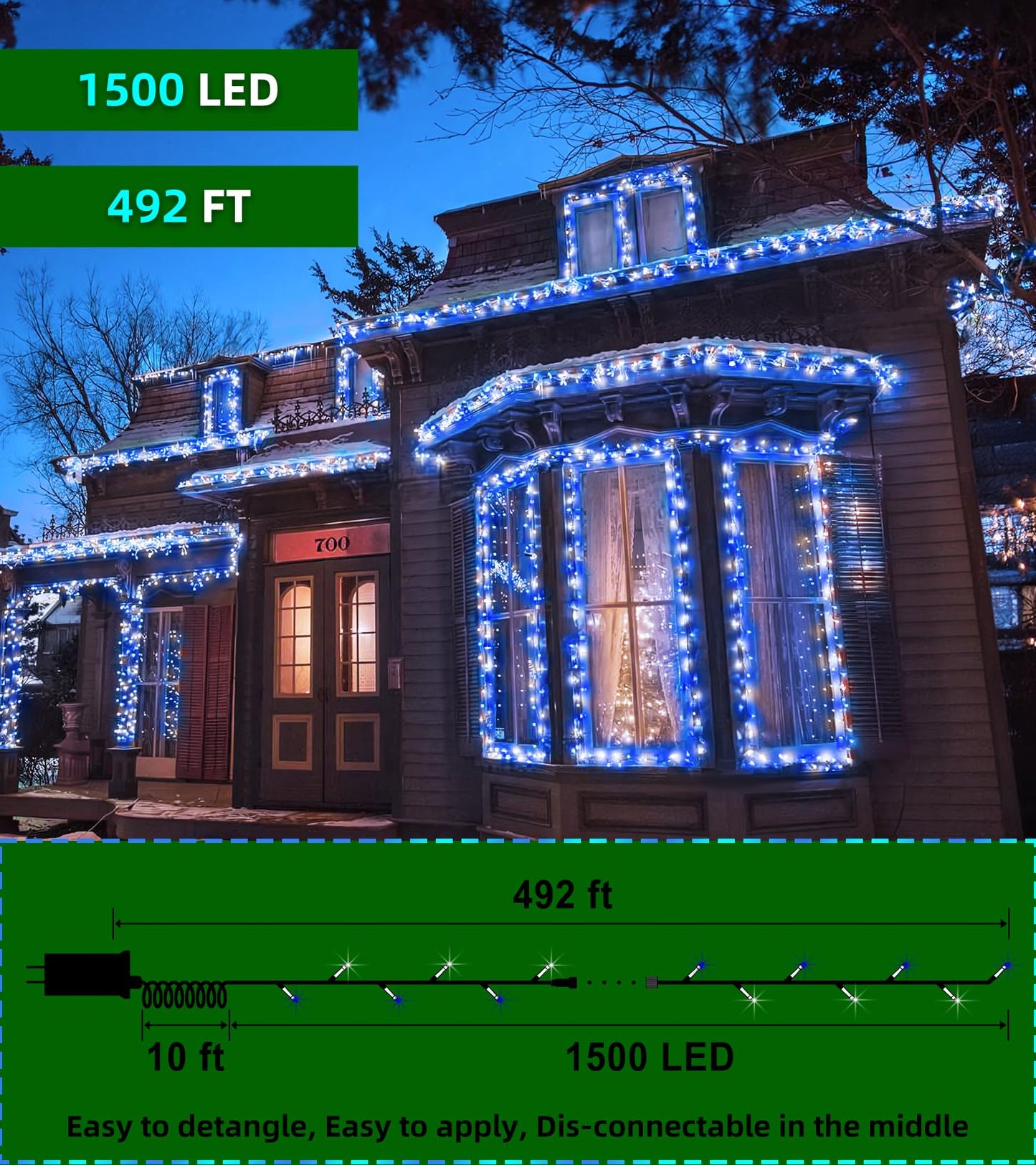 Quhuatu Led String Lights Christmas Decorations 8 Lightsing Modes Christmas Lights With Timer Functions For Tree Indoor Outdoor Decorr 1500 Led 492Ft Blue & White
