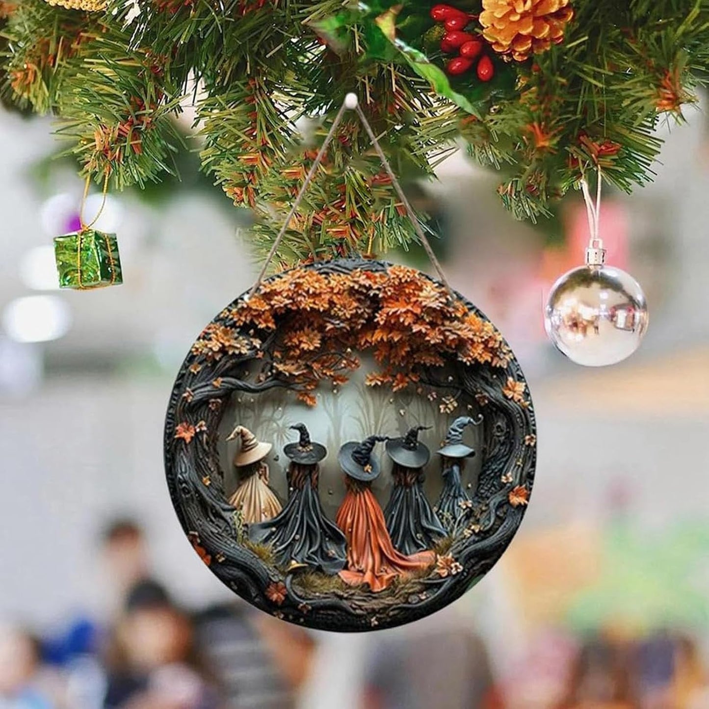 Fanyil/Olygee/Sherum/Shirem/Pubyfun/Glosrity/Libilin/Graddi/Solymody/Gowebs/Goredny/Vianys Witching Hour, Door Way Hanging Decor Halloween, 2D Wooden Round Witches Sign (C, 11.8")