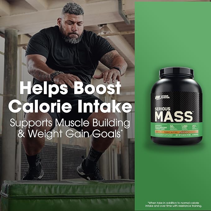 Optimum Nutrition Serious Mass, Weight Gainer Protein Powder, Mass Gainer, Vitamin C and Zinc for Immune Support, Creatine, Chocolate Peanut Butter, 6 Pound (Packaging May Vary)