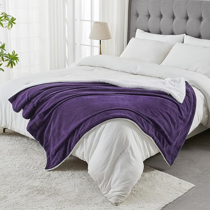 SOCHOW Waffle Sherpa Fleece Throw Blanket, Super Soft Fuzzy Warm, Lightweight Fluffy Reversible Plush Blanket for Bed Sofa Couch, 60 x 80 Inches Dark Purple
