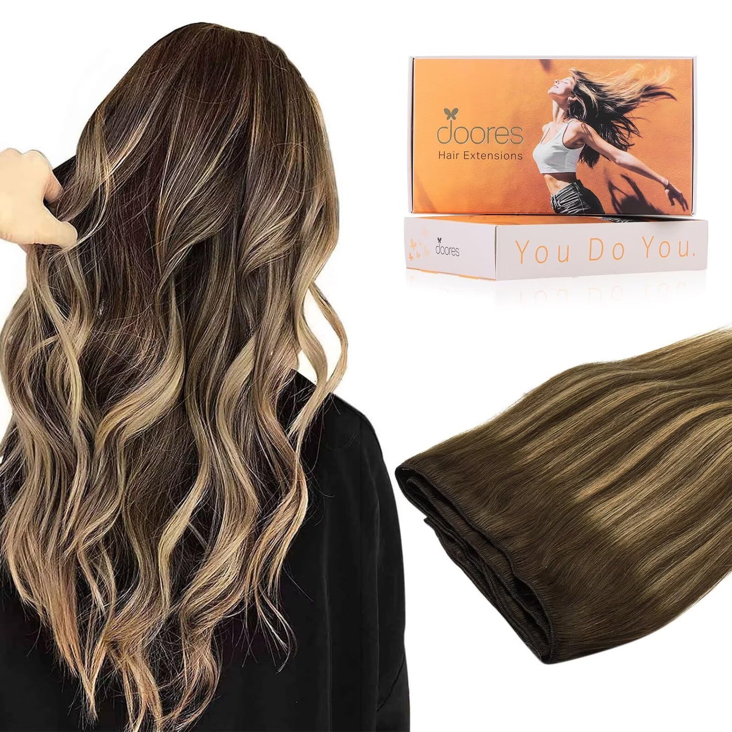 DOORES Sew in Hair Extensions 22 Inch 110g Balayage Chocolate Brown to Caramel Blonde, Remy Weft Long Straight Hair
